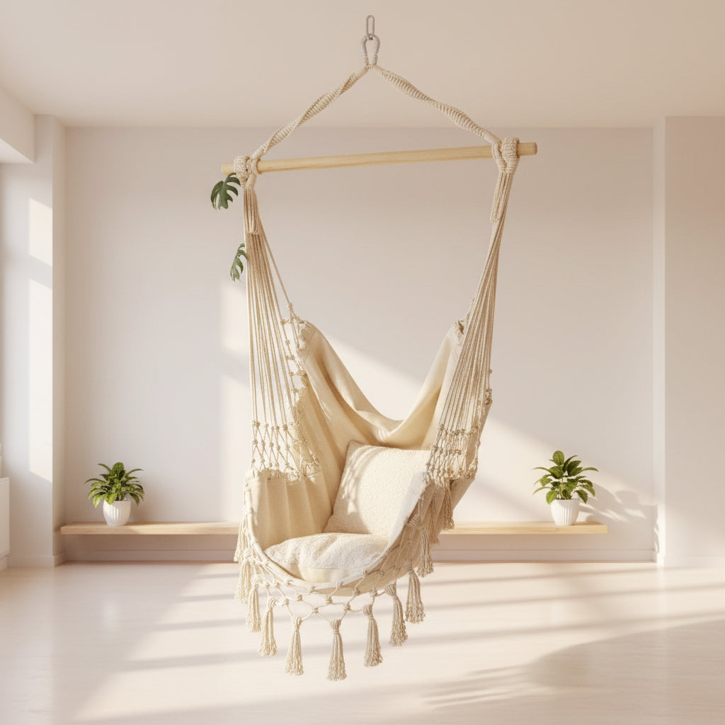 Chaise à bascule INS Nordic avec tissage en corde de coton dans un charmant style bohème.